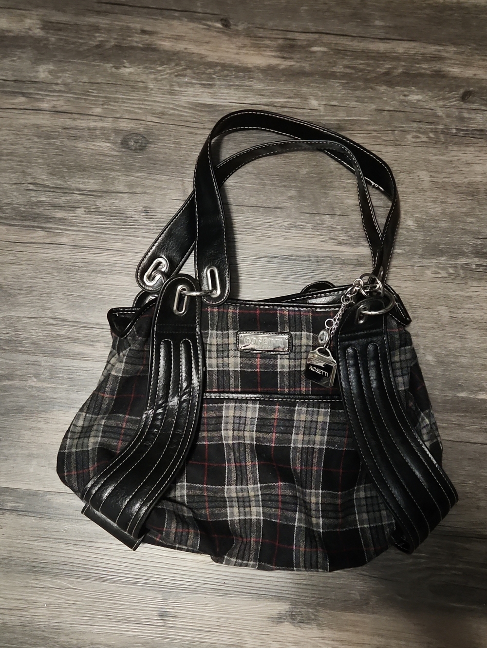 Rosetti Black Plaid Shoulder Bag with Leather Accents